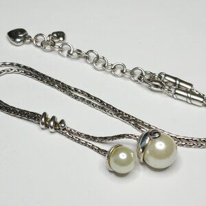 Vintage Brighton Lariat Necklace Silver Tone Faux Pearl Elegant Classy